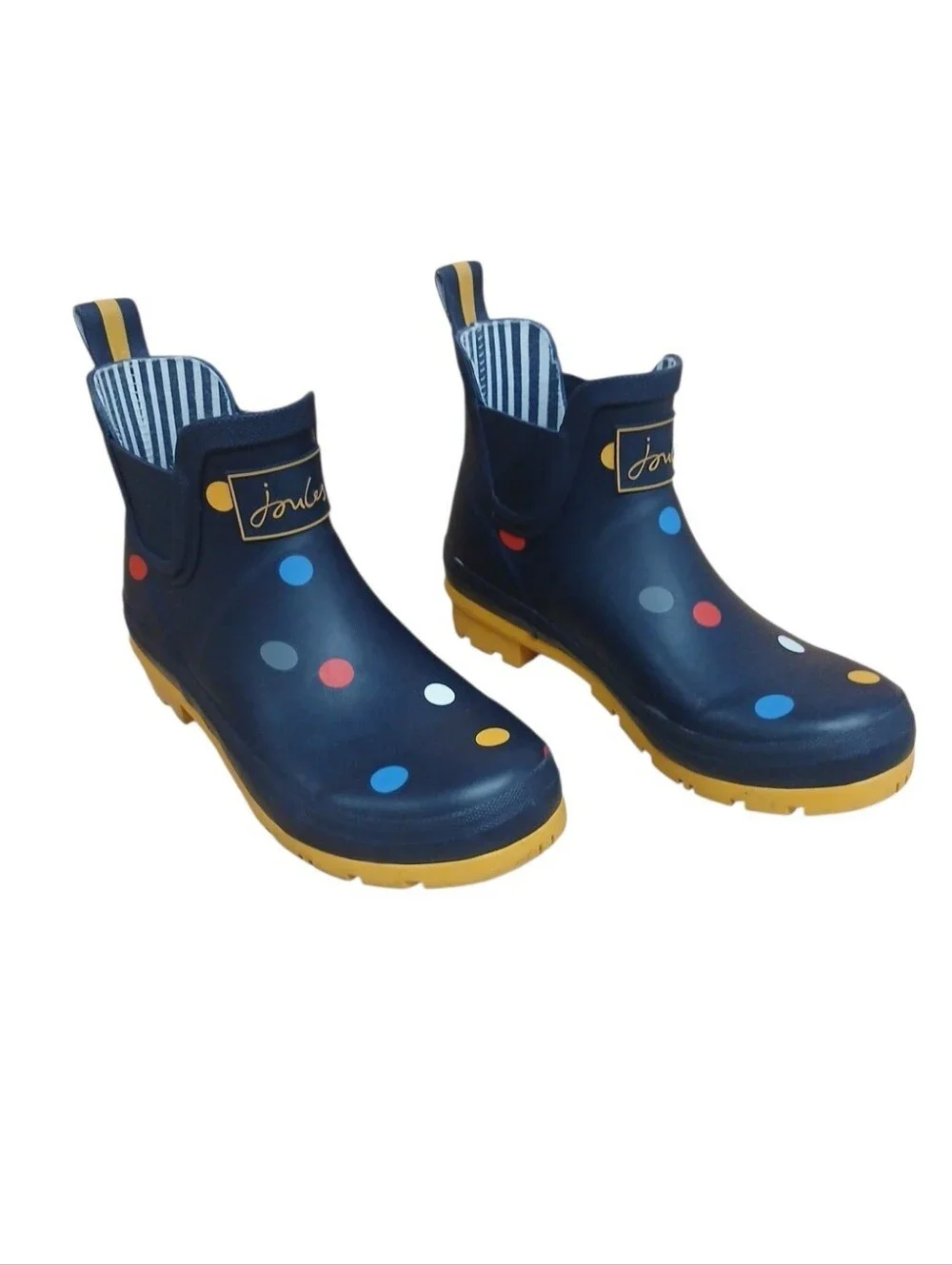 Joules Navy Polka Dot Short Rain Boots with Yellow Soles Size 6